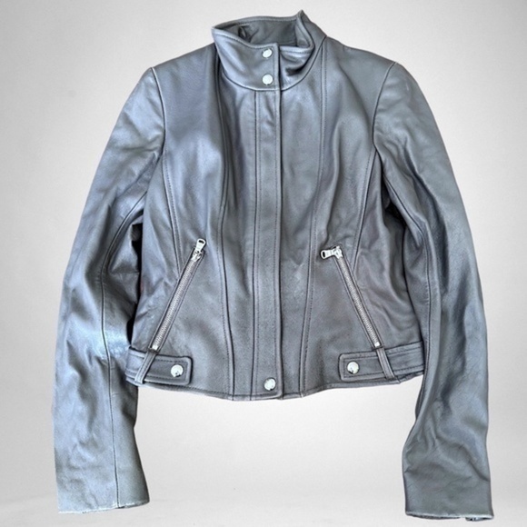 Women’s Calvin Klein 100% Genuine Leather Motorcycle Jacket  XS Gray NEW flaws - Picture 3 of 13